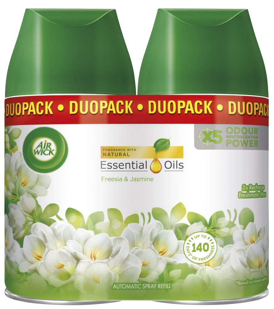 Två gröna Air Wick Freshmatic doftrefiller med blommotiv.