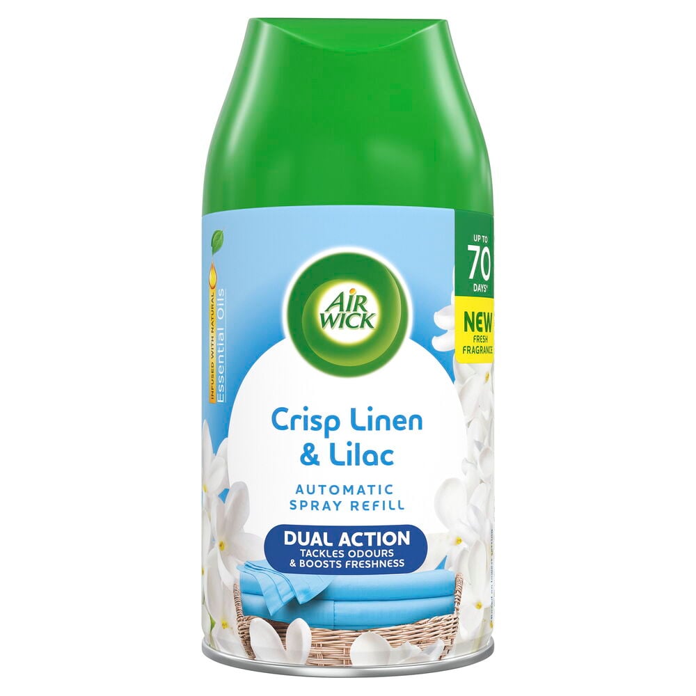 Automatic air freshener, refill Air Wick Freshmatic 250 ml Crisp Linen & Lilac, med grön topp.