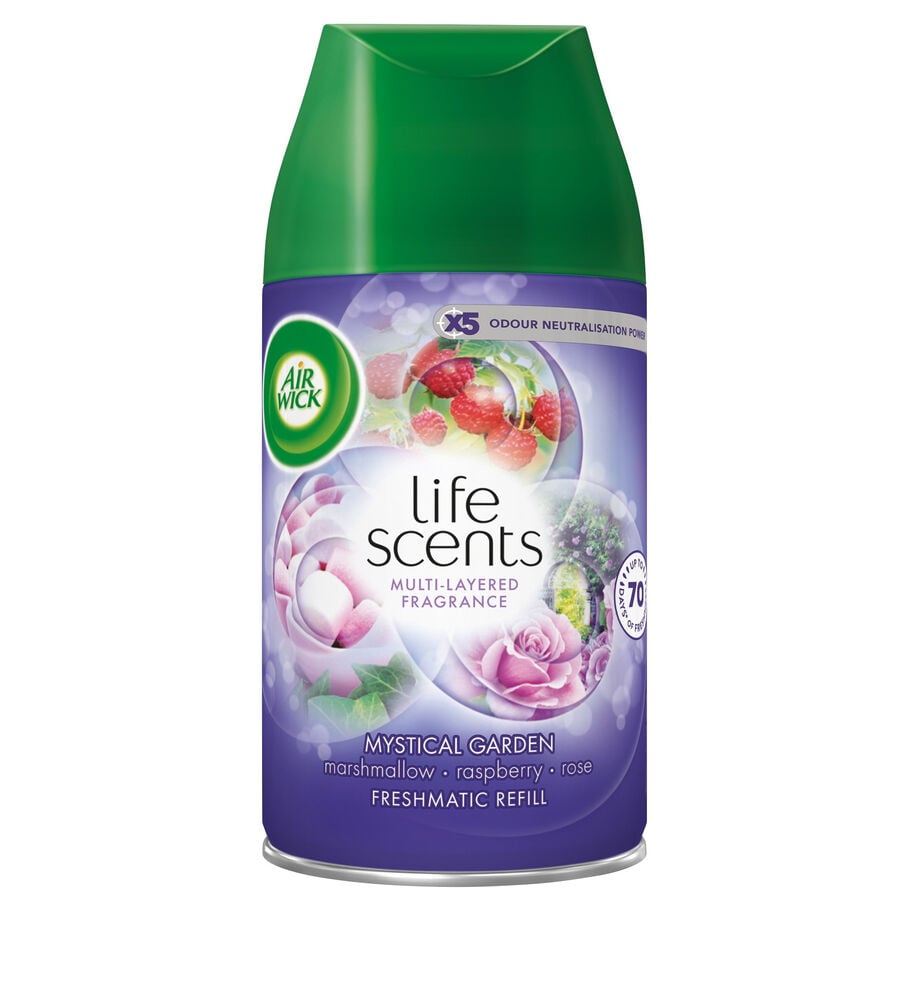Air Wick Freshmatic 250 ml Mystical Garden refill, grön kork, lila kropp, med hallon- och blommotiv.