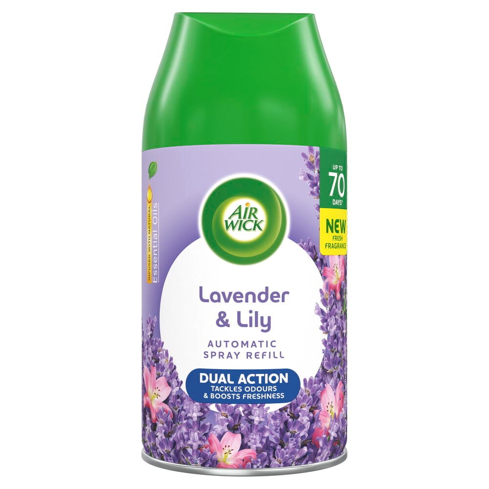 Automatisk luftfräschare, refill Air Wick Freshmatic 250 ml Lavender & Lily, en burk med grön topp.
