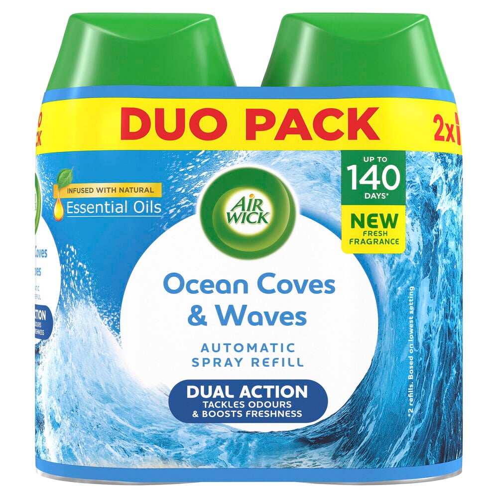 Duopakke automatisk luftfrisker, refill Air Wick Freshmatic 2x250 ml Ocean Cove & Waves.