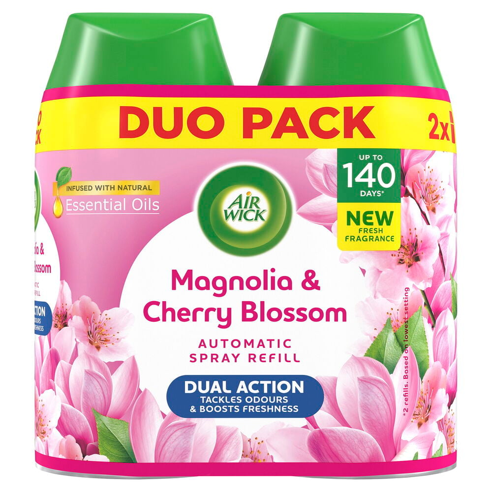 Duo-pakke Air Wick Freshmatic automatisk luftfrisker refill, Magnolia & Cherry Blossom, med grønne korker.