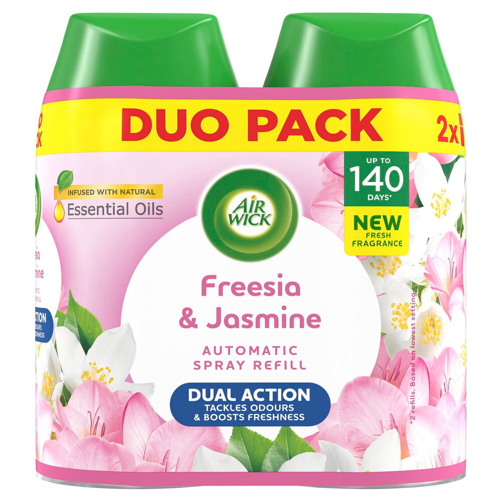 Duo-pakke med to Air Wick Freshmatic Freesia & Jasmine automatiske sprayrefiller med grønne korker og blomstret designemballasje.