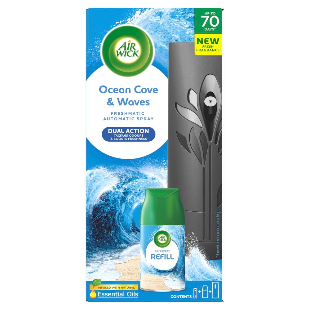 Automatic air freshener Air Wick Freshmatic 250 ml Ocean Cove & Waves, grå enhet og grønn refill inkludert.