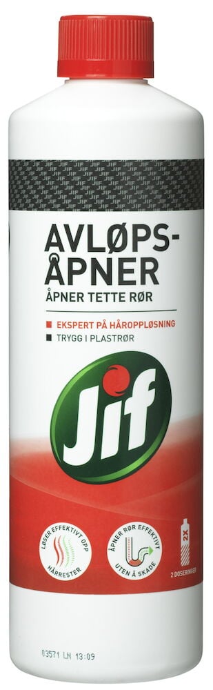 Hvit flaske med rød kork og etikett Jif.