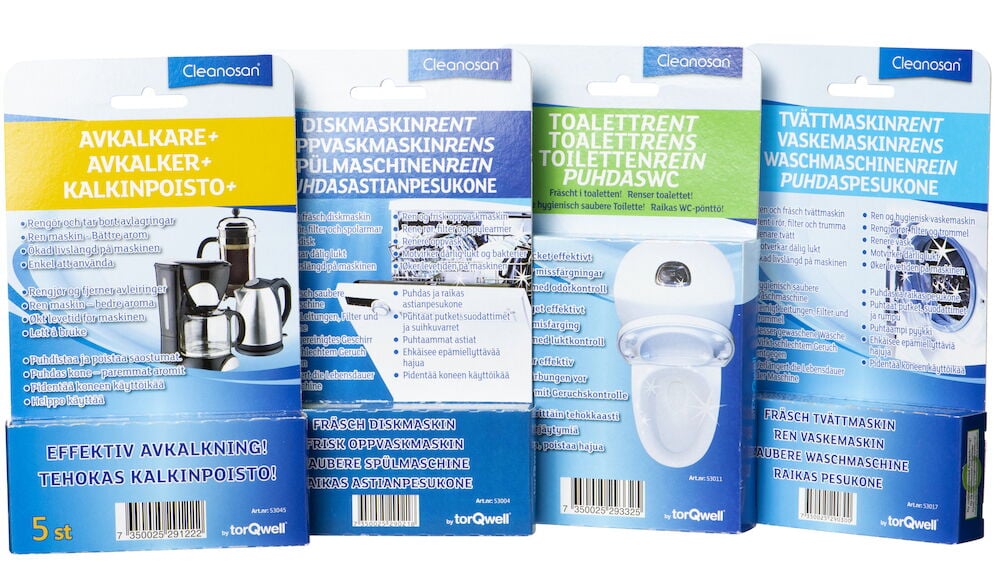 Neljä pakkausta Cleanosan-puhdistustabletteja kodinkoneille.