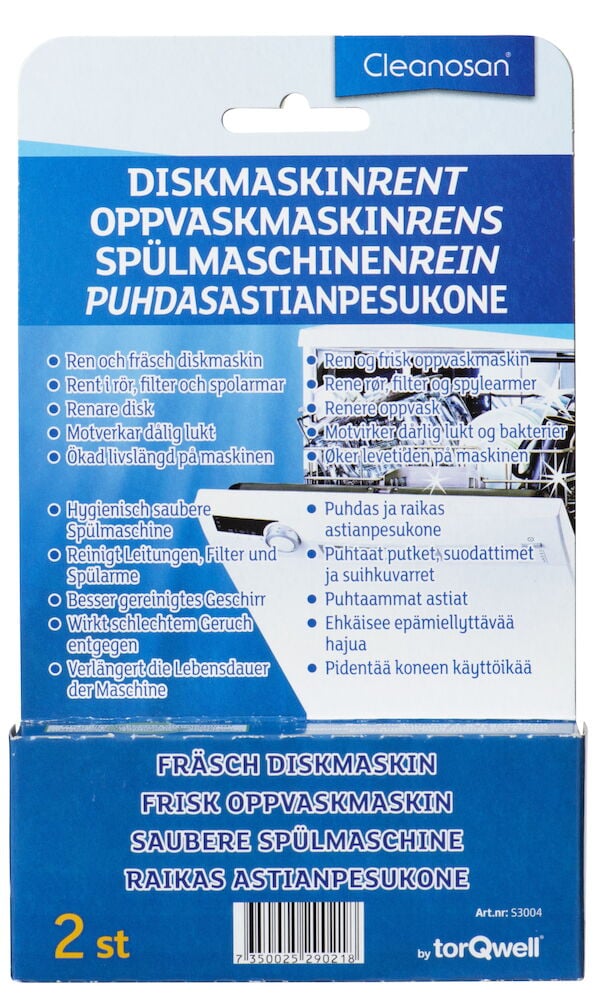 Sininen pakkaus Cleanosan-astianpesukoneen puhdistustableteilla.