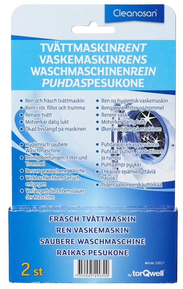 Sininen pakkaus Cleanosan-pesukoneen puhdistustabletteja.