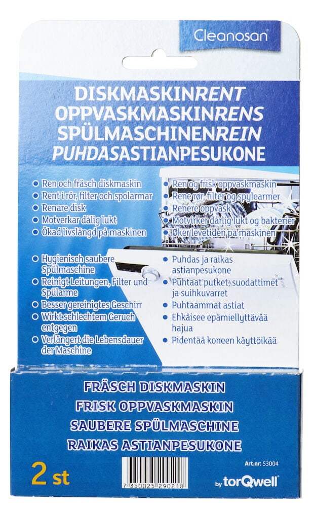 Sininen pakkaus Cleanosanin astianpesukonetableteilla.