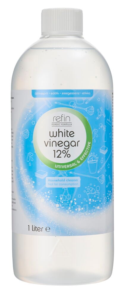 En klar Refin eddik 12% plastflaske med hvit kork og blåhvit etikett, 1 liter.