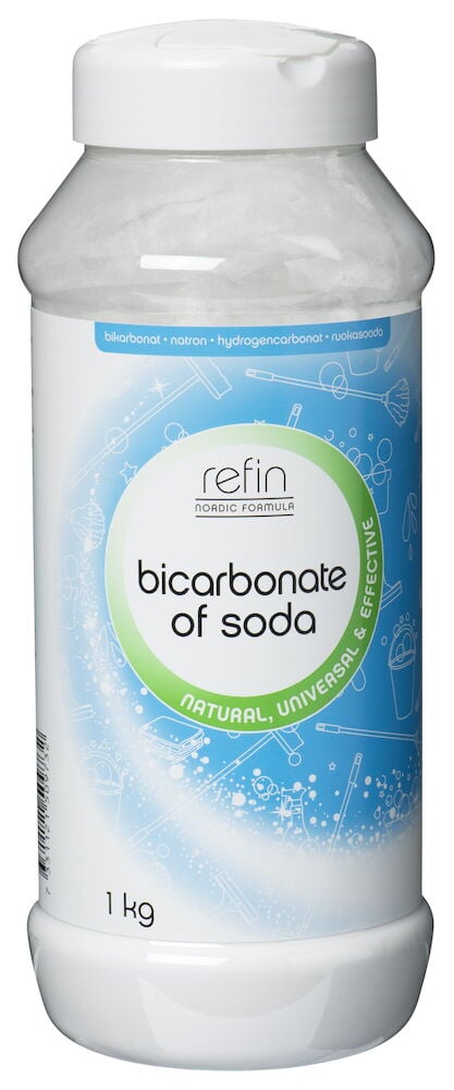 Valkoinen muovipurkki, jossa sininen etiketti ja valkoinen kansi.