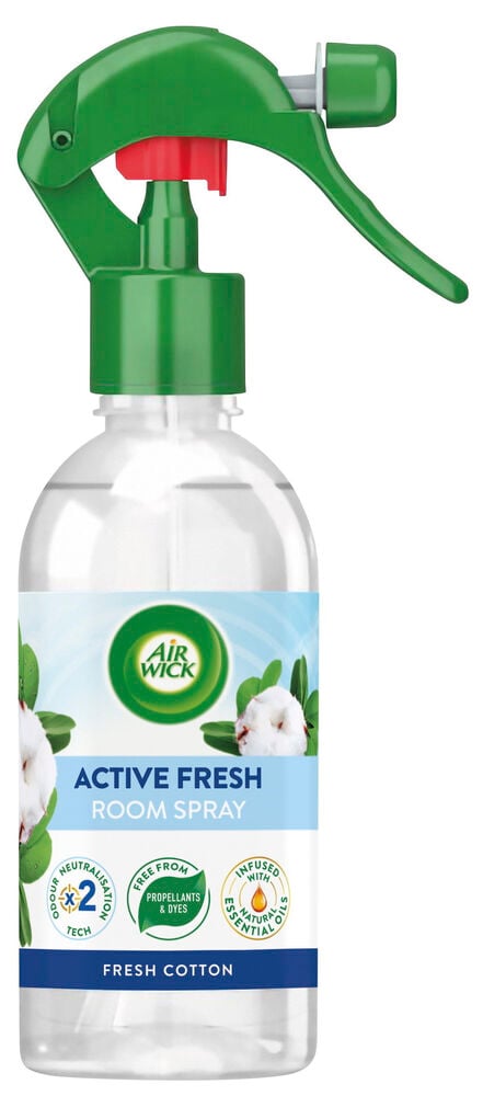 Kirkas Air Wick Active Fresh Raikas puuvilla ilmanraikastinsuihkepullo vihreällä liipaisinsuuttimella.