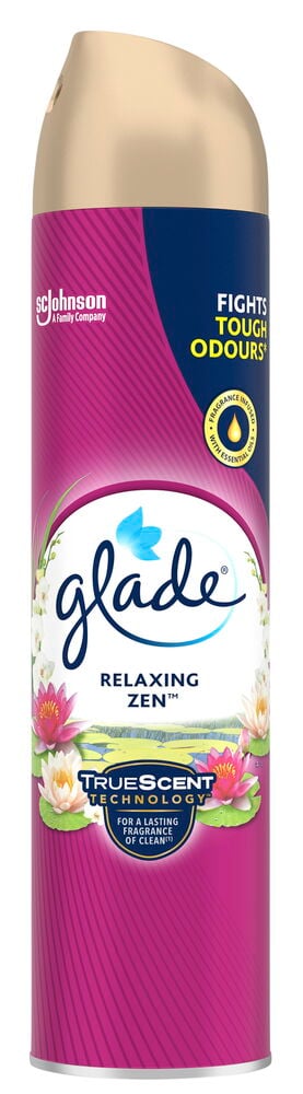 Duftspray Glade 300 ml Relaxing Zen, med gullfarget topp, magenta og blå kropp, vannliljedesign.