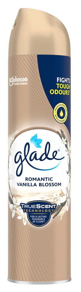 En beige Glade duftspray med gullfarget kork og hvit-blå etikett som viser vaniljeblomster.