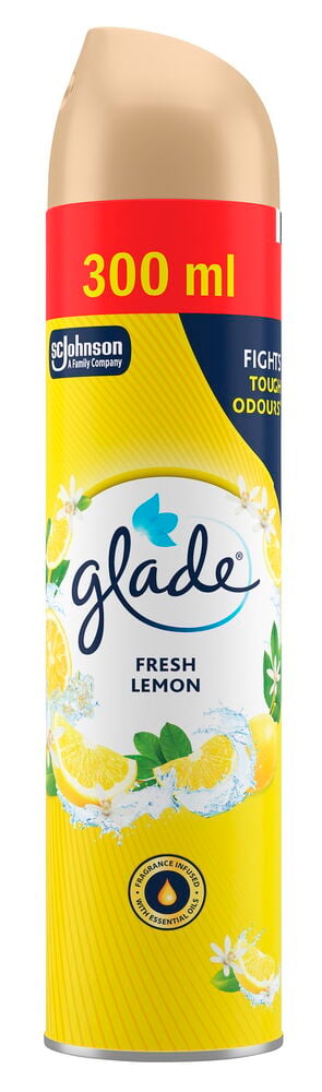 Glade Fresh Lemon 300 ml duftspray med gul boks, rødt bånd og beige topp.