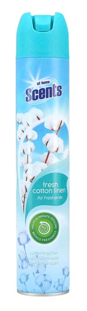 Eine hellblaue zylindrische At Home Scents Fresh Cotton Linen Duftspray mit einer türkisen Kappe.