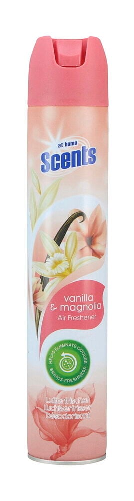 Rosa zylindrisches At Home Scents Duftspray mit Vanille- & Magnolien-Details und rosa Kappe.