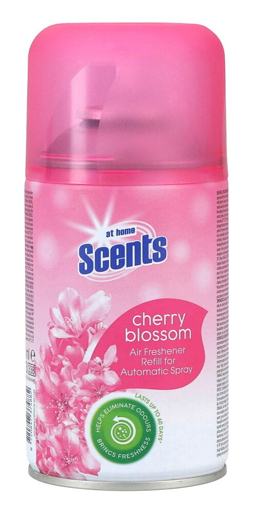 Eine rosa At Home Scents Cherry Blossom automatische Lufterfrischer Nachfülldose mit transparentem Deckel.