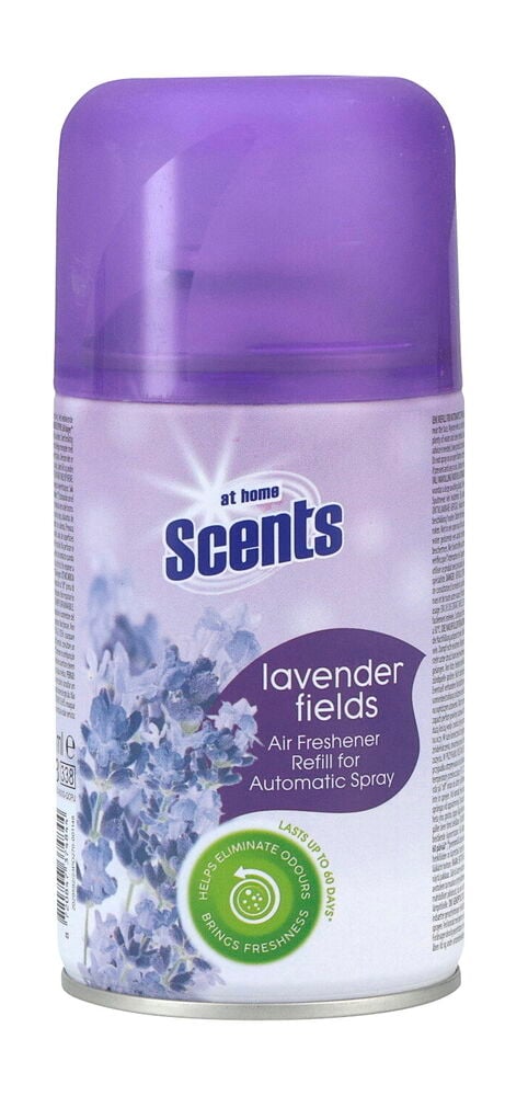 Automatischer Lufterfrischer, Nachfüllpack At Home Scents 250 ml Lavender, lila Dose mit Lavendelfeld-Motiv.