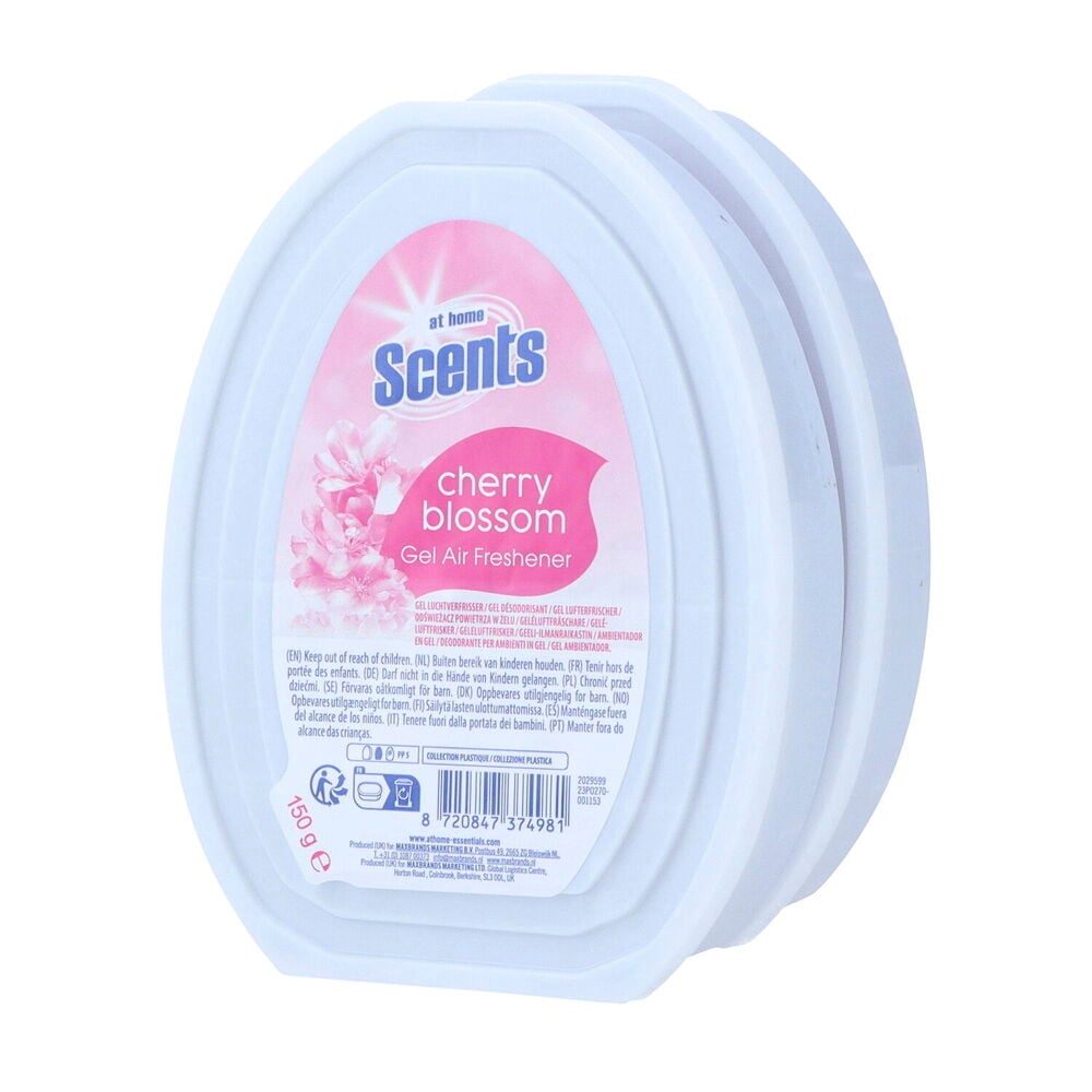 Weißes At Home Scents Duftdepot Kirschblüte, 2x150g Doppelpack, mit rosa Blumenetikett.
