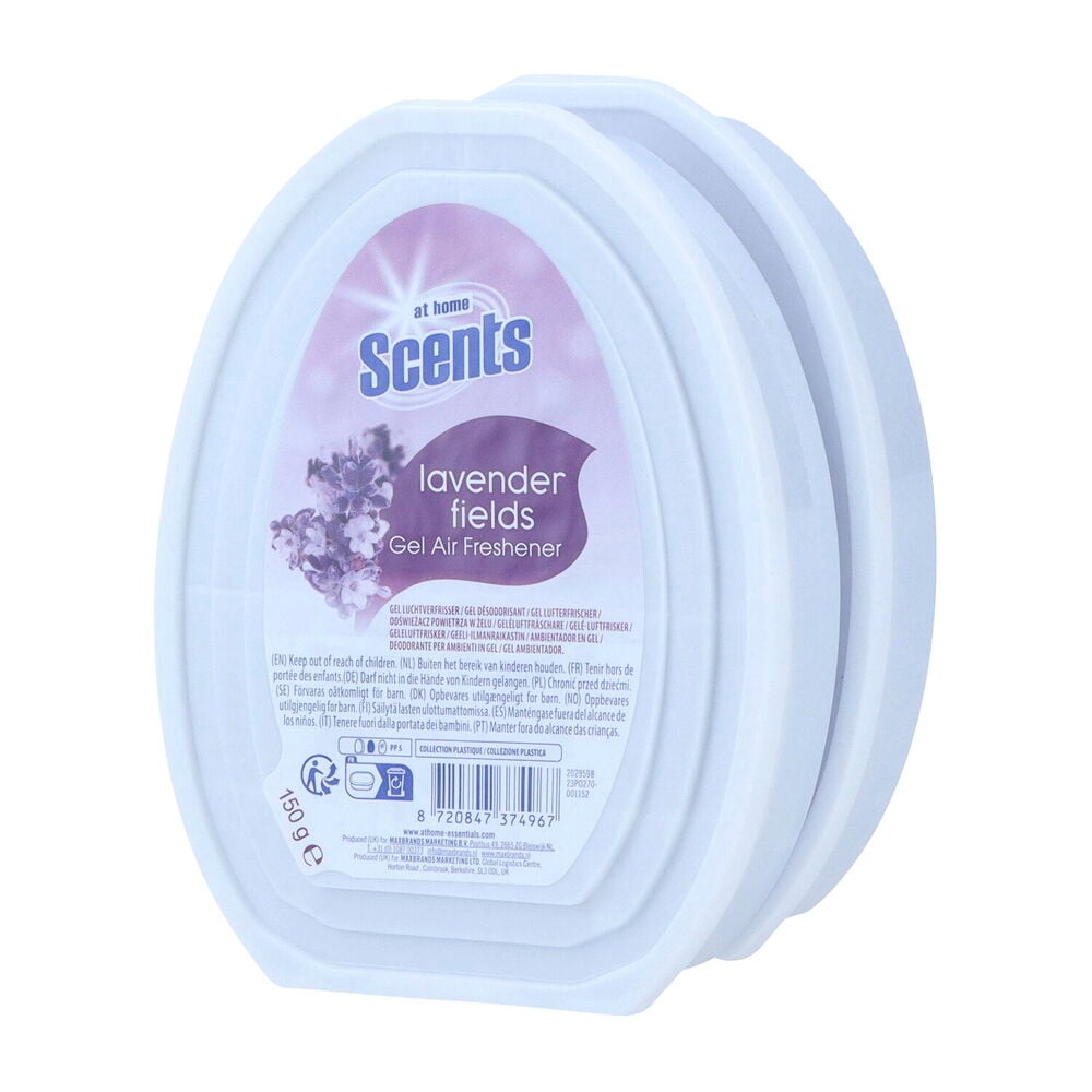 Zwei verbundene weiße ovale Duftdepot At Home Scents Lavender Fields Gel-Lufterfrischer.