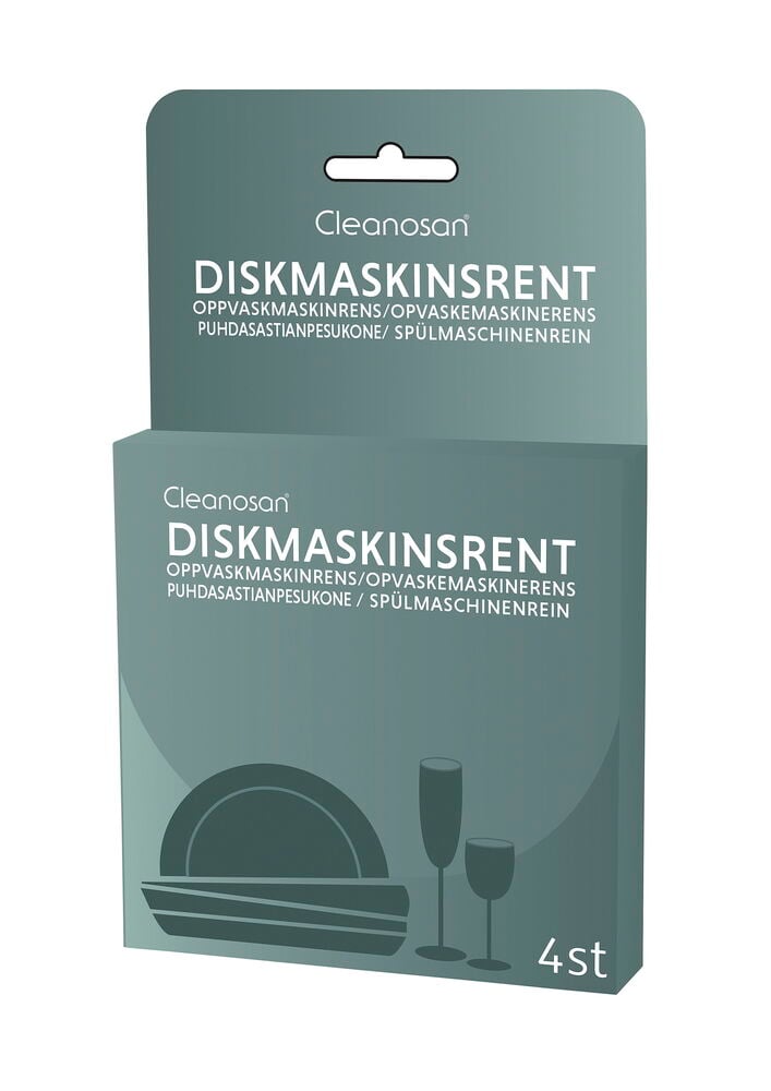 Oppvaskmaskinrengjøring Cleanosan 4-pk i turkise pakker med tallerken- og glassillustrasjoner.