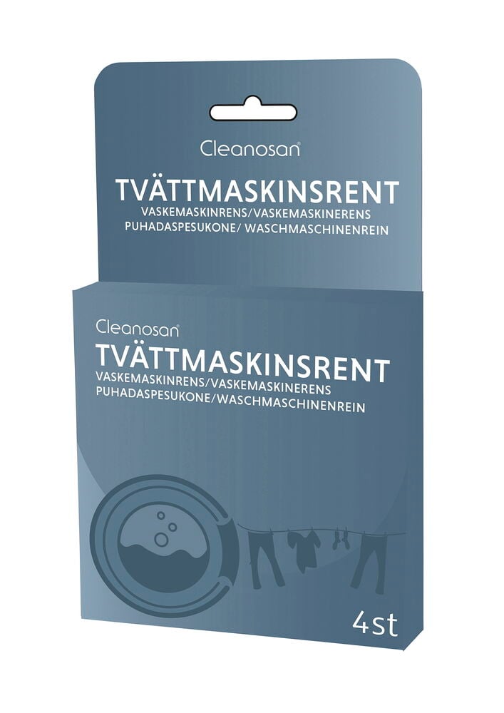 Vaskemaskinrengjøring Cleanosan 4-pk, to blågrå pakker stablet med vaskesymboler.