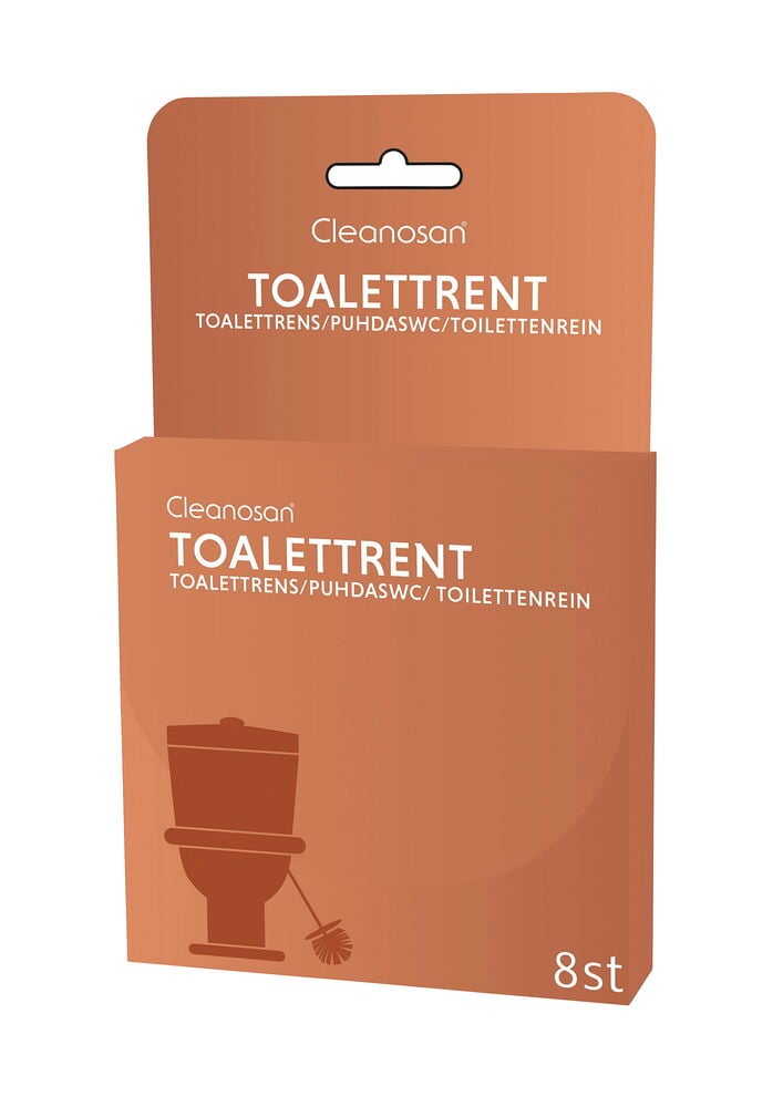 To oransje Cleanosan Toalettrengjøring 8-pk, den ene stablet på den andre, med toalettgrafikk.