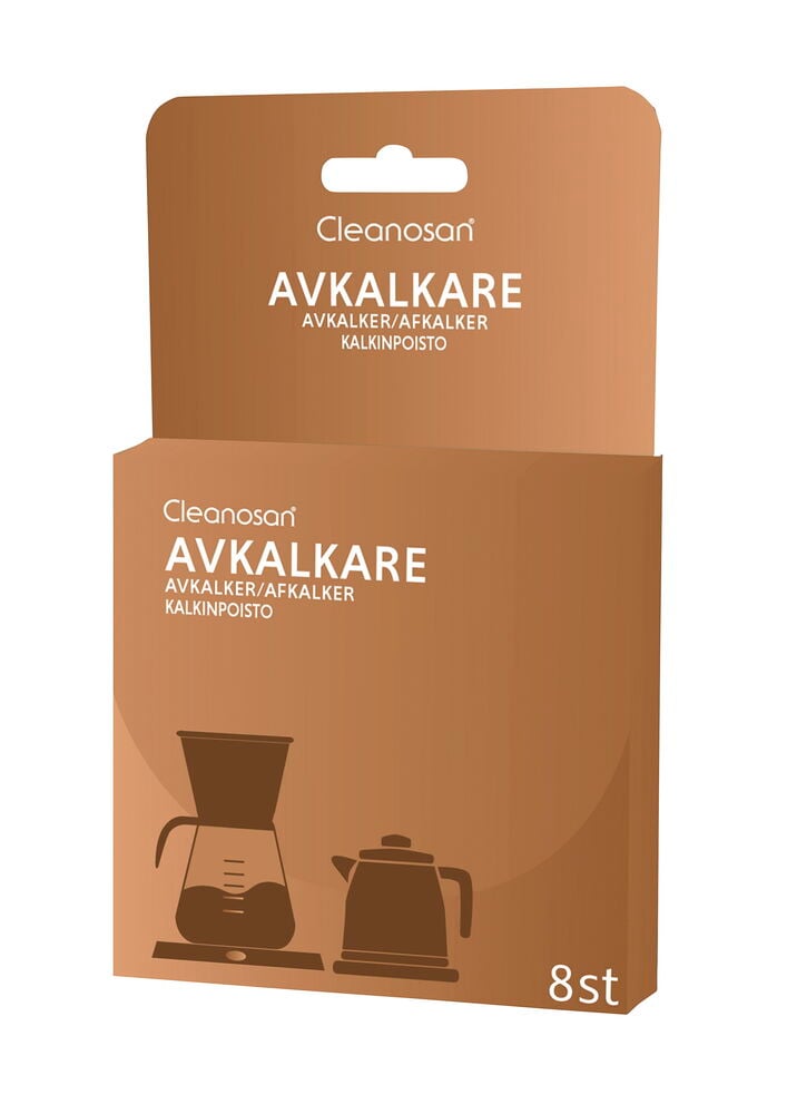 Brun pakke med Avkalker Cleanosan 8-pk, illustrert med en kaffetrakter og vannkoker, forfra.