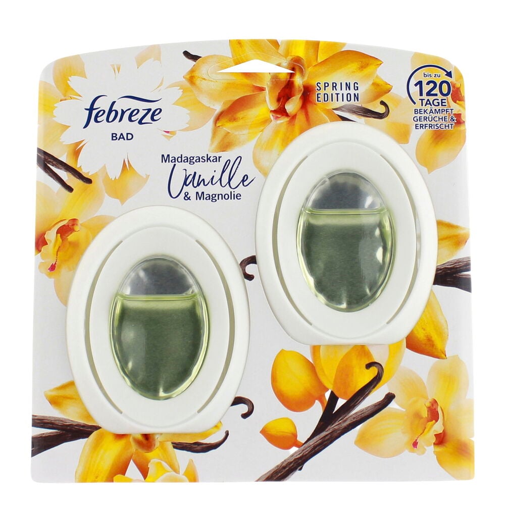 Lufterfrischer, flüssig Febreze 2x8 ml Vanilla, zwei weiße ovale Geräte mit hellgrüner Flüssigkeit.