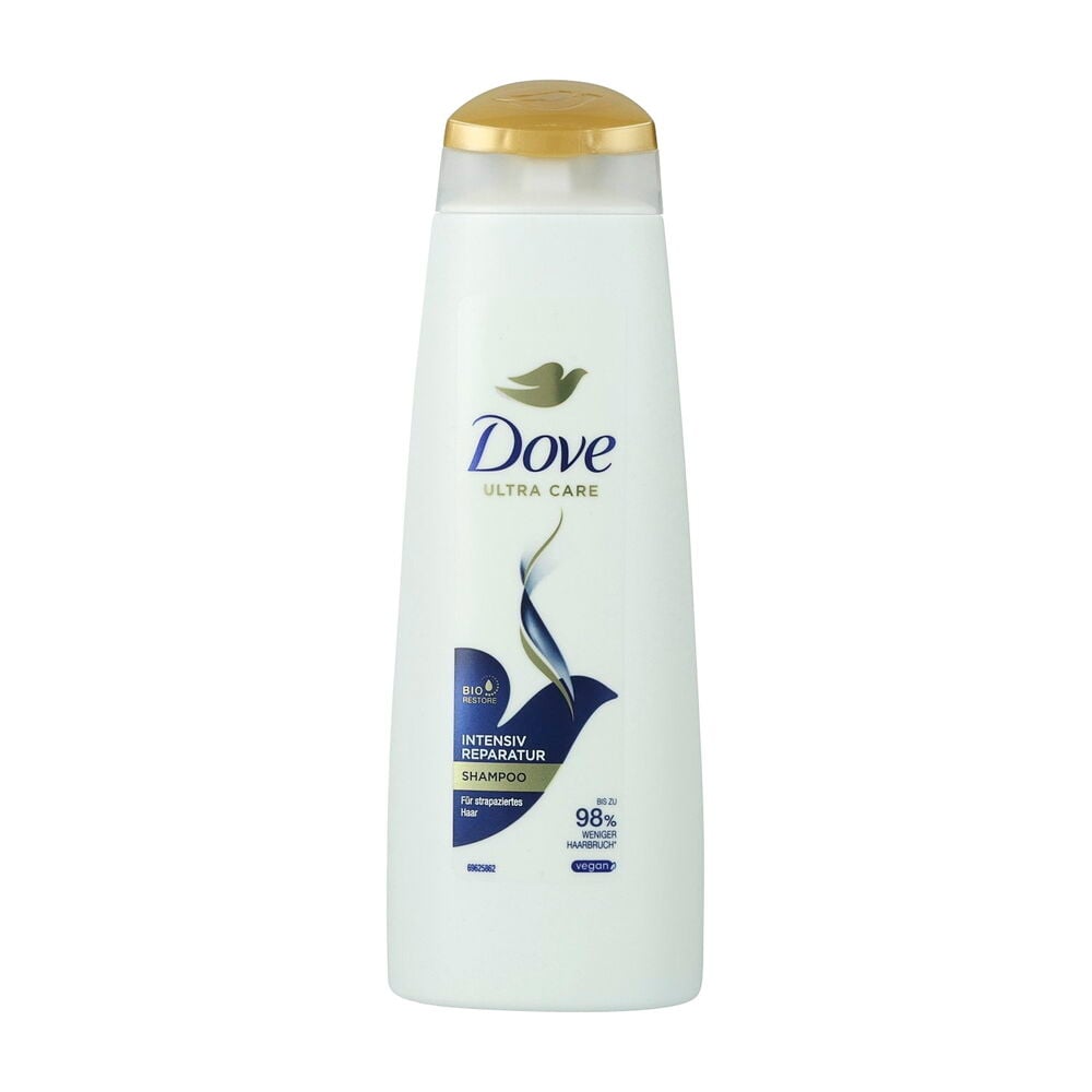 Weiße Dove 250 ml Intensive Repair Shampoo-Flasche mit Goldkappe, Vorderansicht.