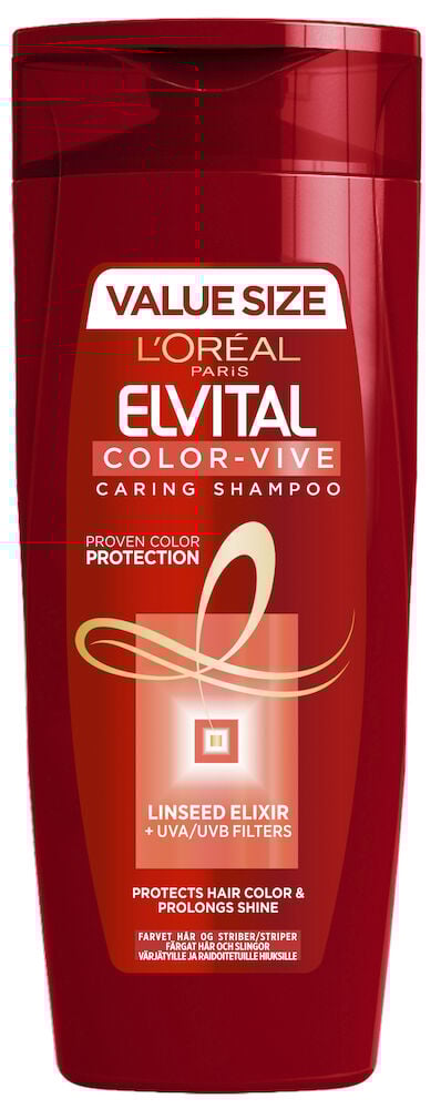 Punainen shampoo-pullo värjätyille hiuksille, jossa on valkoinen teksti.