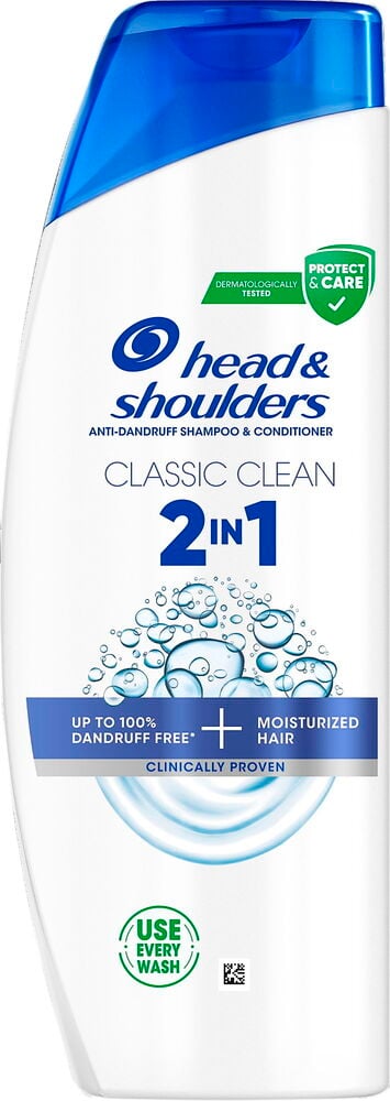 Valkoinen pullo Head and Shoulders Classic Clean -shampoota.