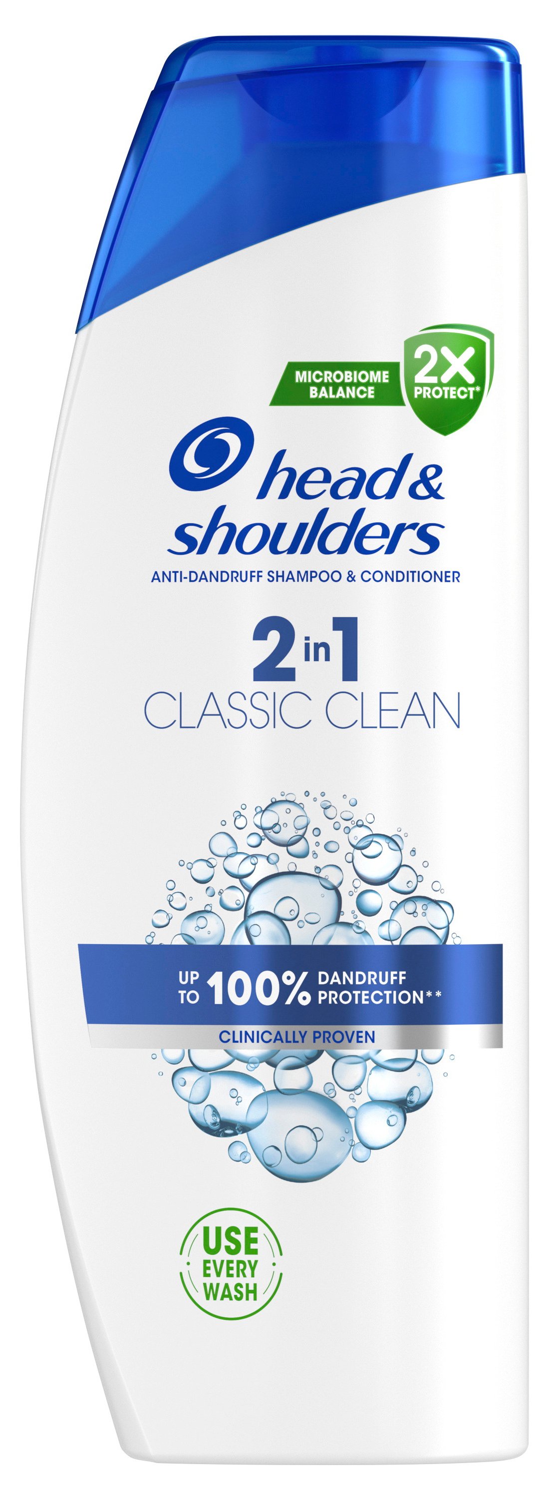 Vit plastflaska Head Shoulders 2i1 Classic Clean.