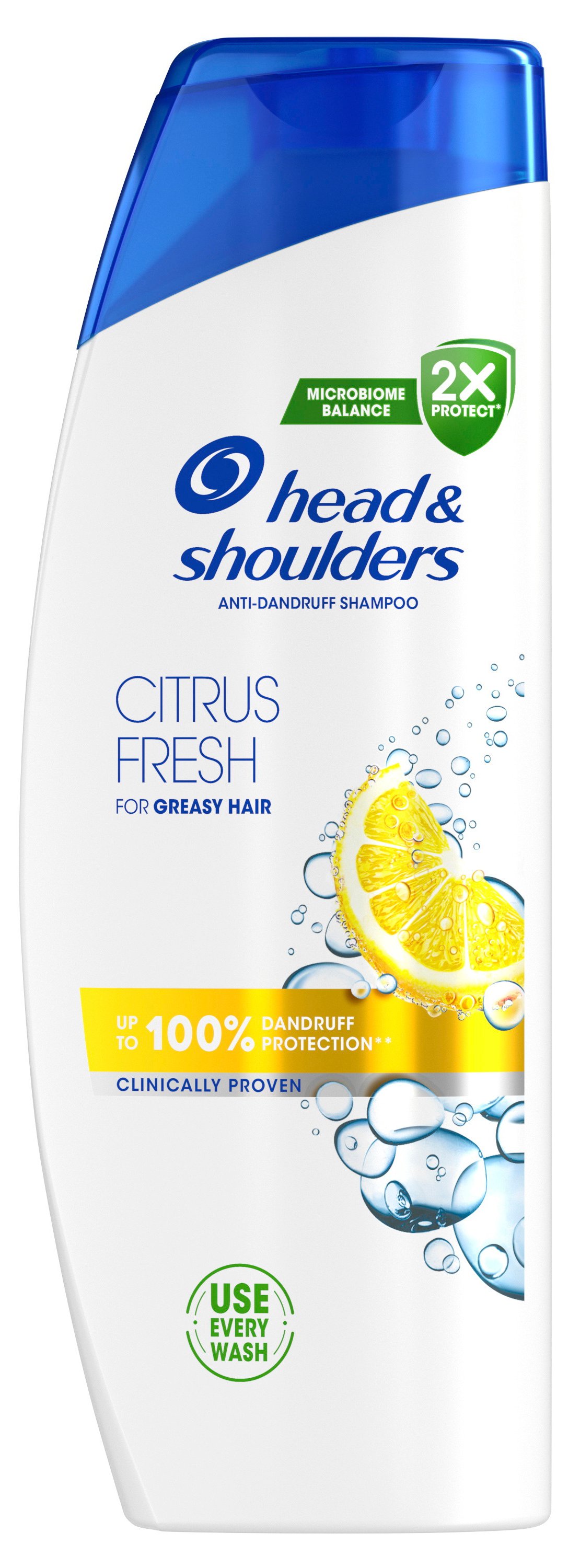 Valkoinen shampoopullo sinisellä korkilla ja sitruunakuvioilla.