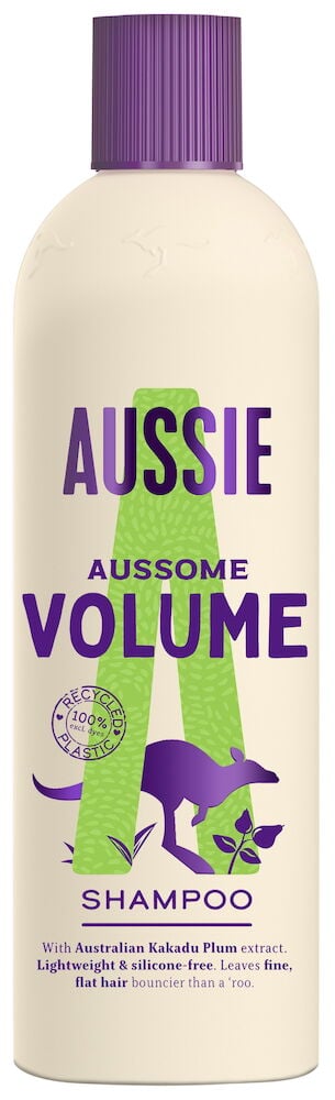 Beige shampoopullo, jossa violetti korkki ja kengurun logo.