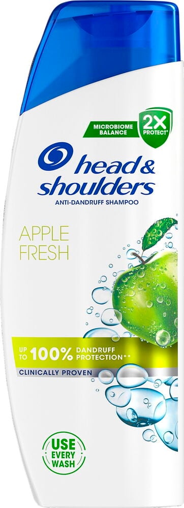 Vit plastflaska med blått lock och grönt äpple.