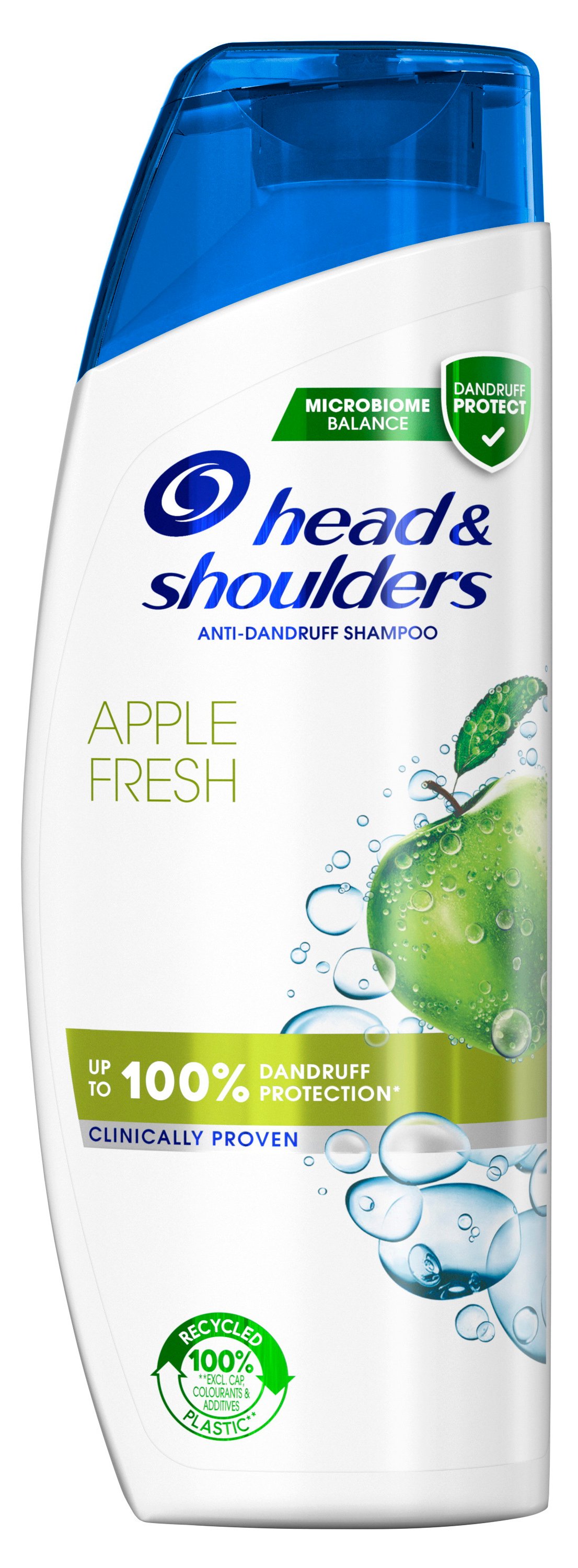 Valkoinen ja sininen shampoopullo, jossa on vihreä omena -kuvio.