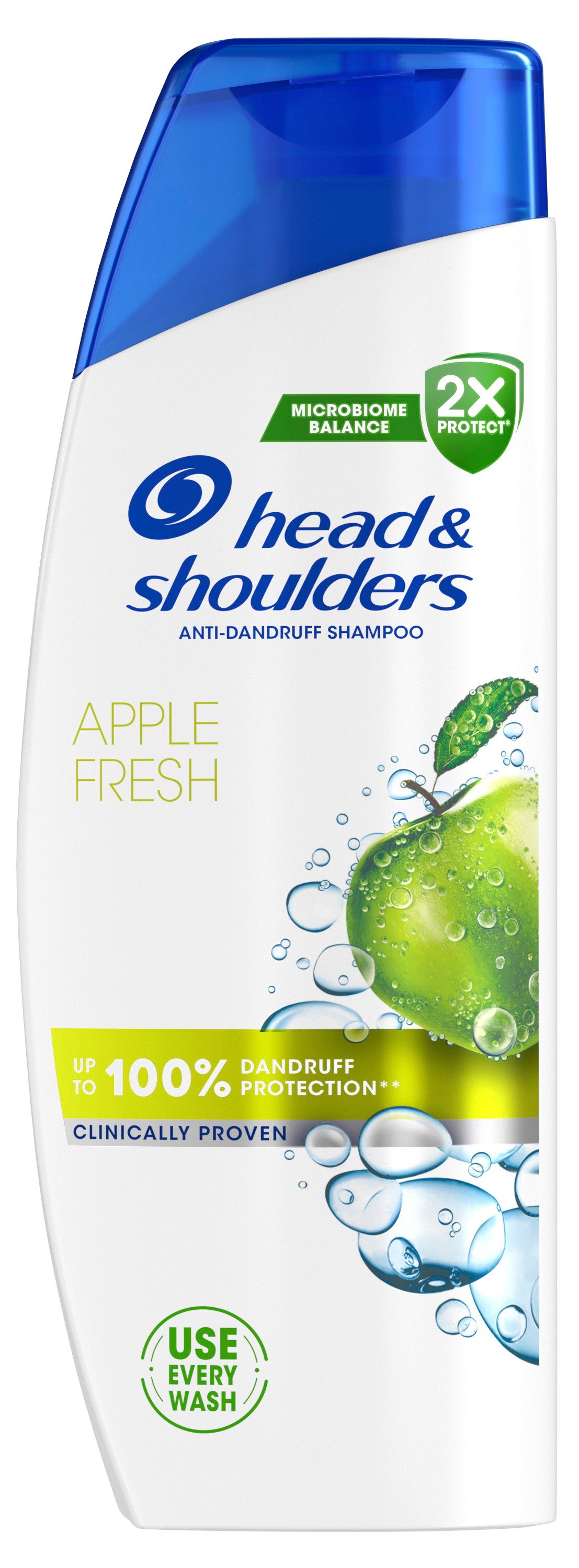 Vit plastflaska med blått lock och grönt äpple.