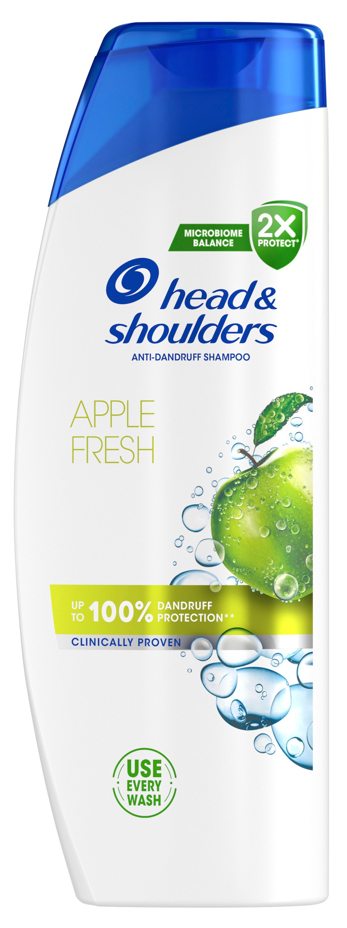 Valkoinen shampoopullo sinisellä korkilla ja vihreällä omenalla.