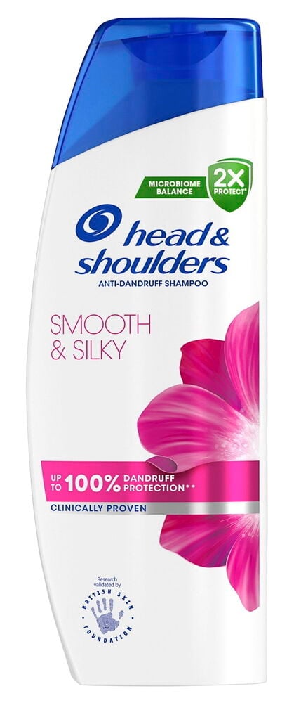 Shampoo Head & Shoulders 250 ml Seidig & Glänzend, weiße Flasche mit blauem Deckel und rosa Blumenmotiv.