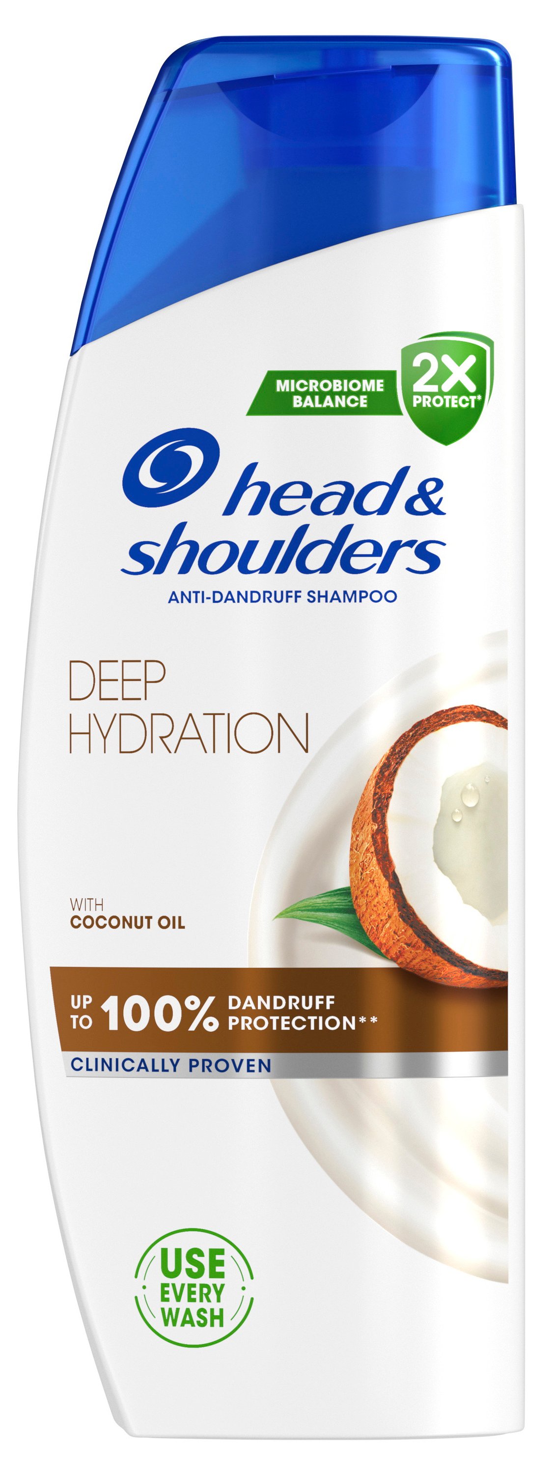 Vit schampoflaska med blått lock och kokosnötmotiv.