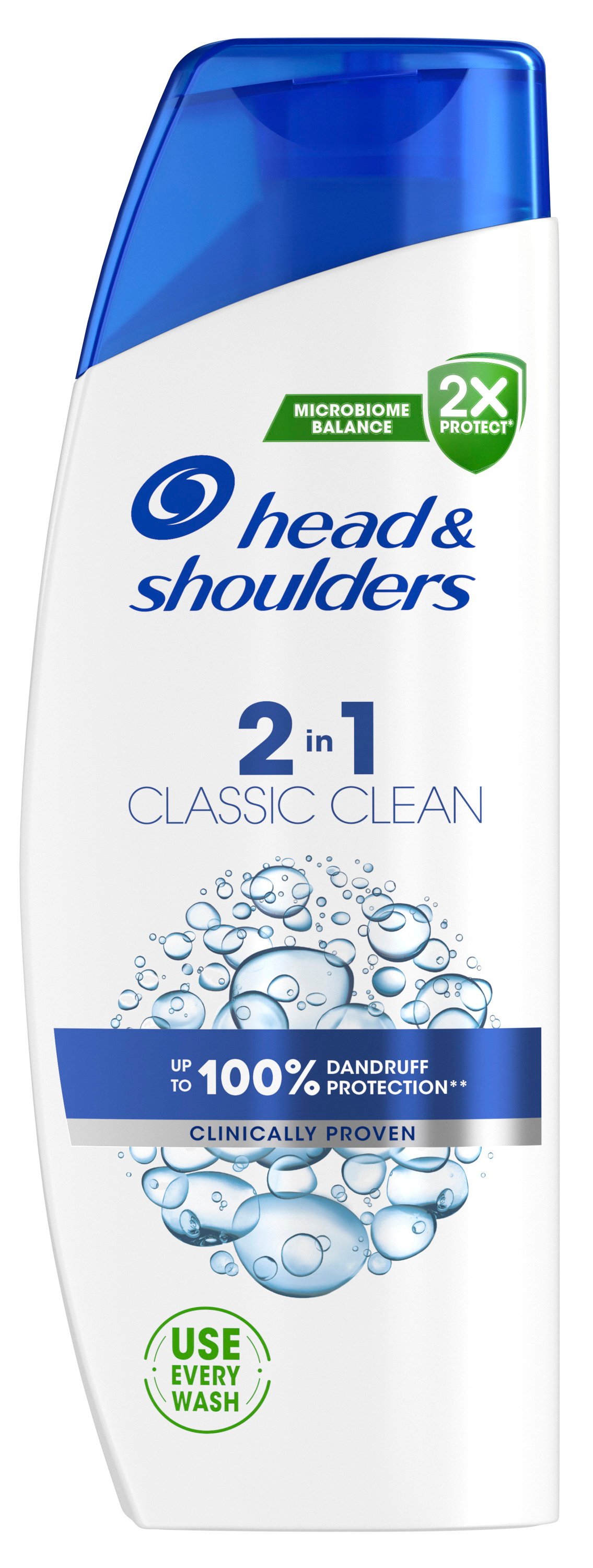 Valkoinen muovipullo Head Shoulders 2in1 Classic Clean shampoo.