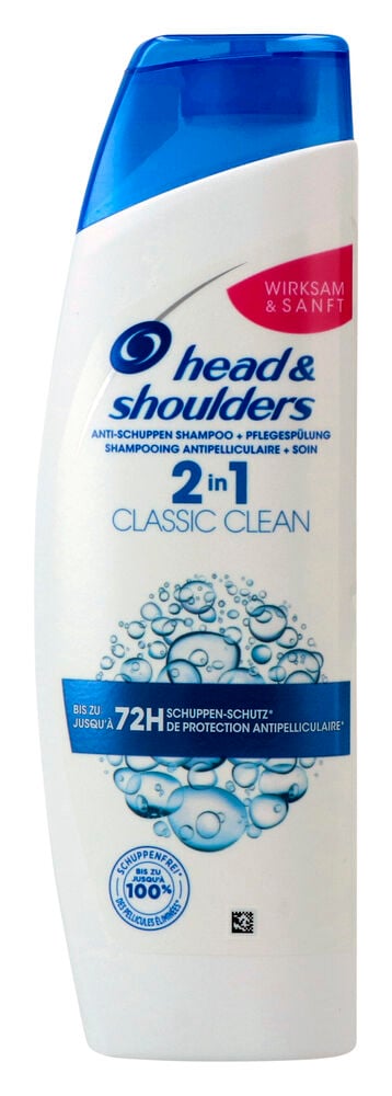 Valkoinen ja sininen shampoopullo Head Shoulders Classic Clean.