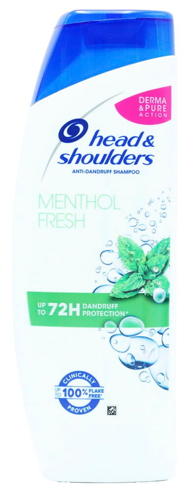 Eine weiße und blaue 400 ml Head & Shoulders Menthol Refresh Anti-Schuppen-Shampoo-Flasche mit Minzblättern.