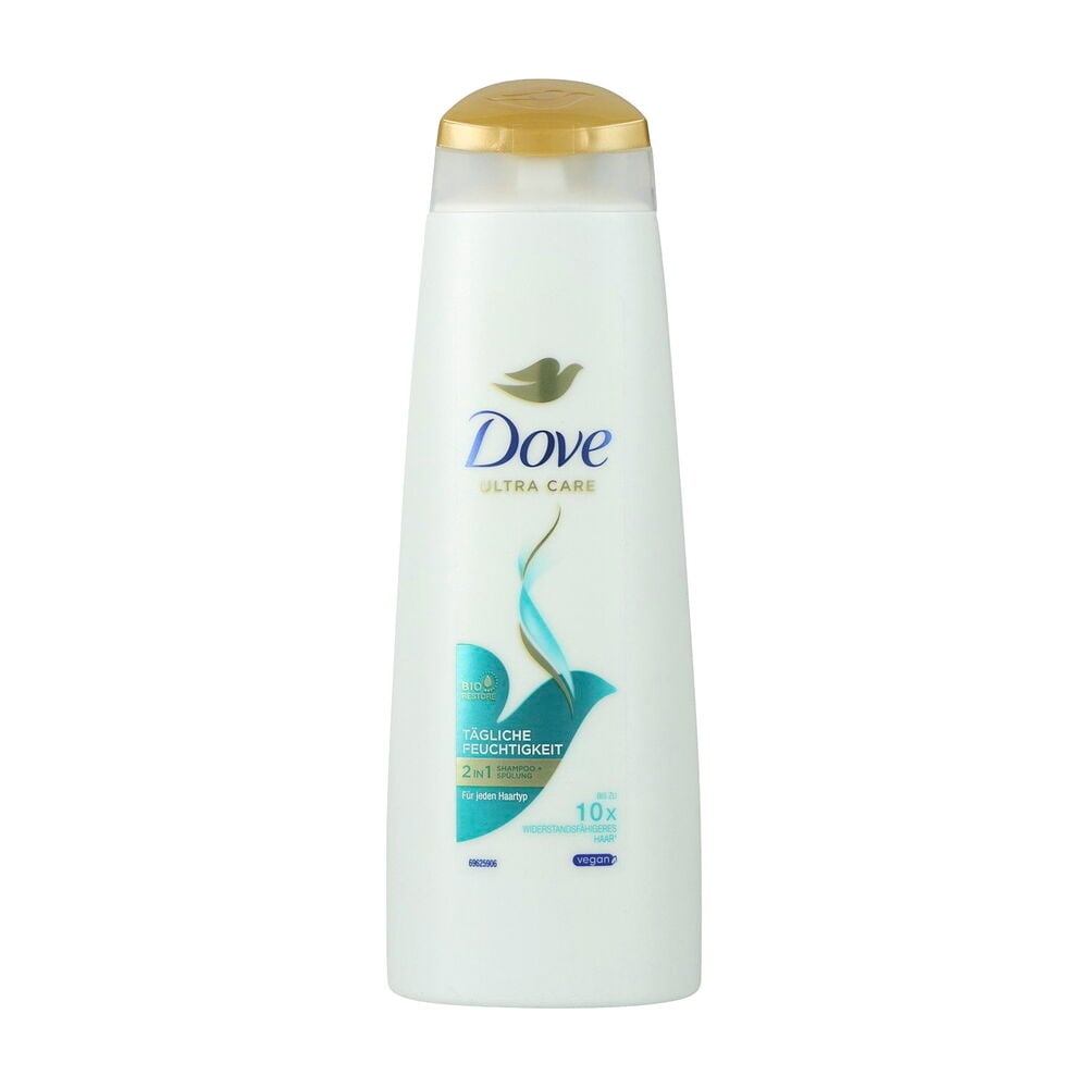 Weiße Dove 250 ml Daily Moisture 2 in 1 Shampoo Flasche mit goldenem Deckel und blaugrünem Etikett.