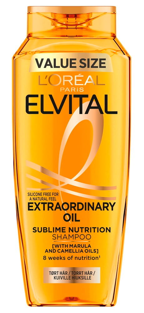 Shampoo Elvital 400 ml Extraordinary Oil läpinäkyvässä meripihkanvärisessä pullossa kultaisella flip-top-korkilla.