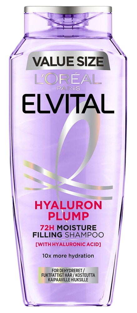 Lila schampoflaska med text Elvital Hyaluron Plump.