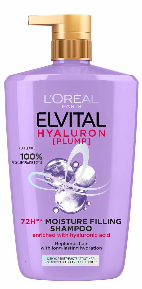 Violetti Elvital Hyaluron Plump shampoo pullo kultaisella pumpulla, edestä.