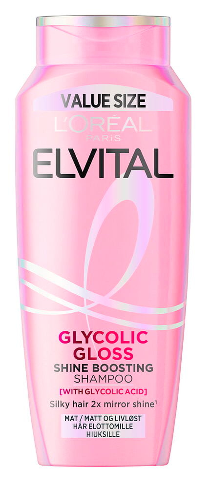 Framifrån en rosa L'Oréal Elvital Glycolic Gloss schampo 400 ml flaska med silverkork.